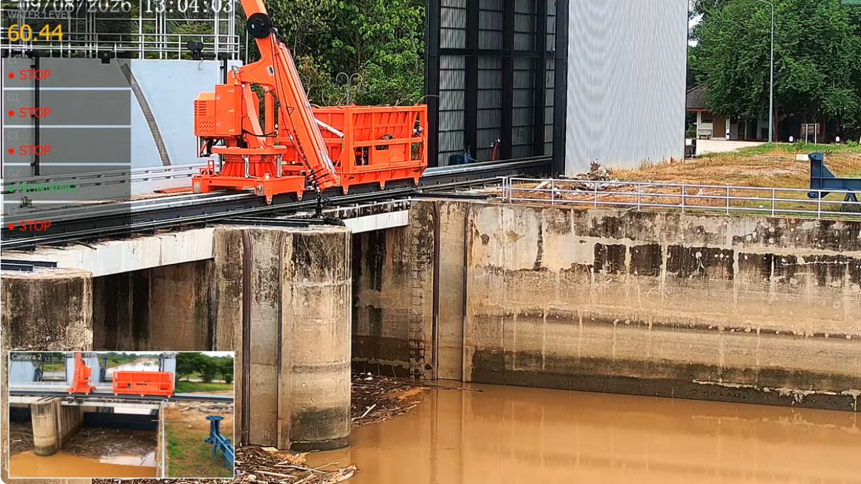 Live Streamer spotlight composition of two site cameras with water level and equipment status drawn over the picture